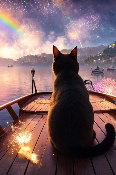 Broken reality. Wonder on every step. Fireworks. Illusions. Utopia. Rainbow. Cat on the boat. Parallel world.