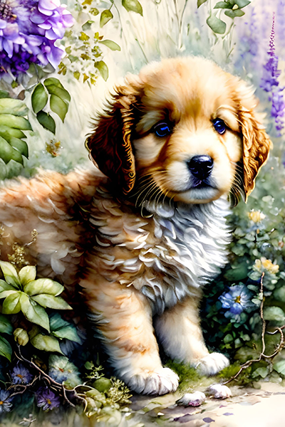 Adorable fluffy golden little puppy among the thicket of plants, flowers and roots, by Nikolai Clodt von Jürgensburg Vladimir Kozlovsky, watercolor and ink, intricate details, fantasy, beautiful, award winning, colorful, fantastic view, crisp quality