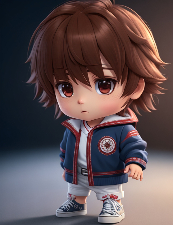 Ai生成小男孩图片,chibi boy, big eye, brown hair, blue color long sleeve shirt, white collar