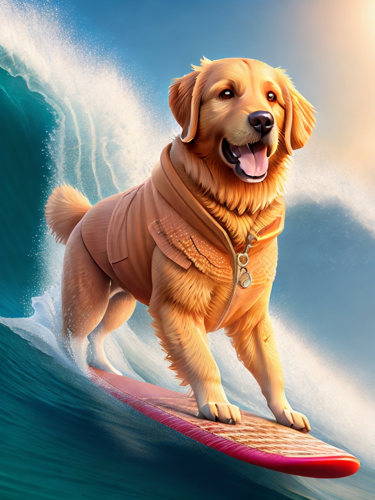 portrait of Golden retriever,surfing on waves, beautiful face,会冲浪的金毛犬