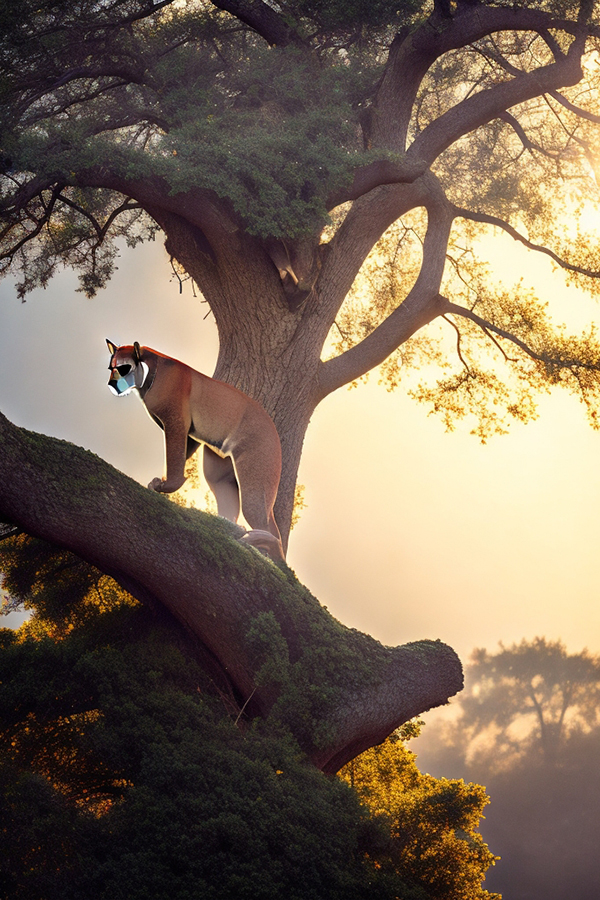 Cougar on a branch in a Huge old gnarly oak,美洲狮