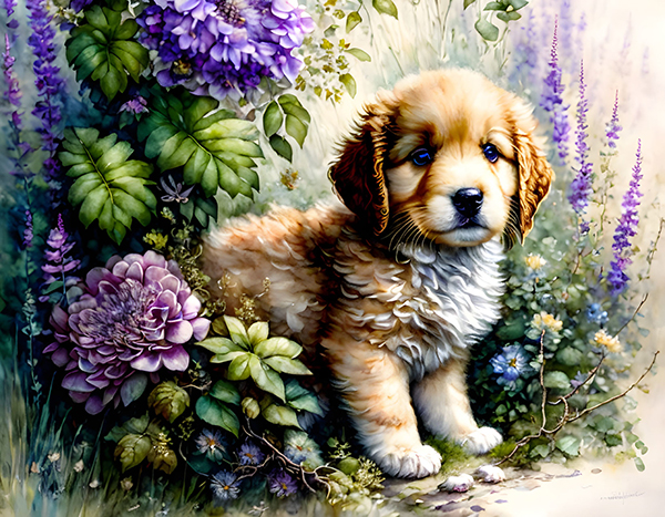 Adorable fluffy golden little puppy among the thicket of plants